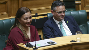 NZ Green party co-leaders  look on during the third reading of the bill in Parliament on November 7.