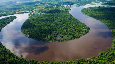 The Nanay River, a tributary of the Amazon River, bends in the Peruvian jungle.