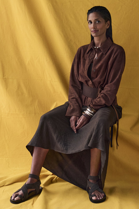 Albus Lumen suede shirt jacket, $890, and belt, $90. Lee Mathews “Agnes” dress, $499.
