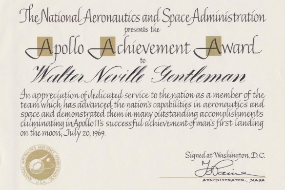 The Apollo Achievement Certificate that Walter Gentleman received from NASA for his role in the moon landing.