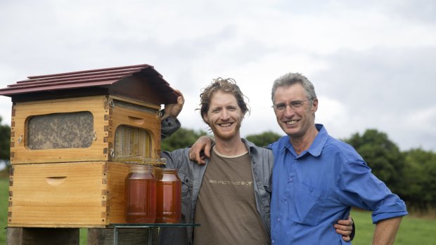 Father and son Stuart and Cedar Anderson with their invention the Flow Hive, which has been  patented around the world.
