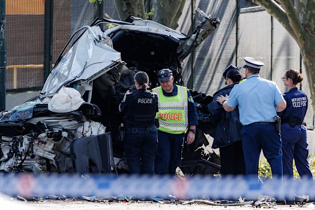 The female constable was a passenger in a fully marked police vehicle travelling under lights and sirens along Gibbons Street, Redfern, when it crashed into a tree.