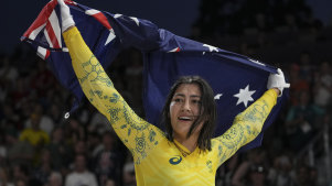 Saya Sakakibara celebrates her gold medal-winning performance.