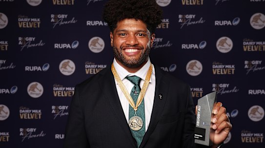 Rob Valetini poses with the John Eales Medal during the 2024 Rugby Australia Awards at Royal Randwick Racecourse.