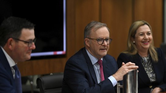 Prime Minister Anthony Albanese (centre), Queensland Premier Annastacia Palaszczuk and Victorian Premier Daniel Andrews during the national cabinet meeting.