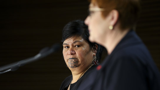 NZ Minister of Foreign Affairs Nanaia Mahuta looks on as Australian Foreign Minister Marise Payne speaks to media during a press conference in Wellington.