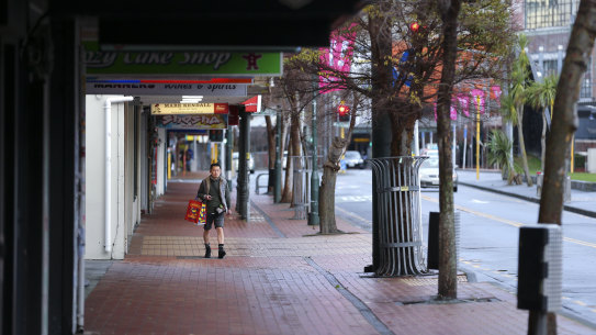 A lone pedestrian walks down Manners Street in Wellington.