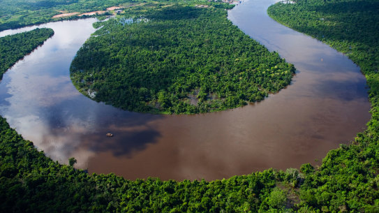 The Nanay River, a tributary of the Amazon River, bends in the Peruvian jungle.