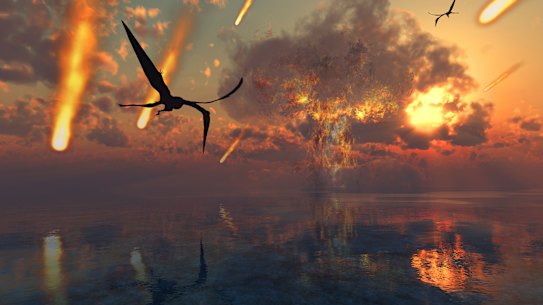 An illustration of the Cretaceous Paleogene extinction event.