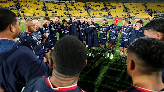 The Rebels players at the end of their final Super Rugby game in June.