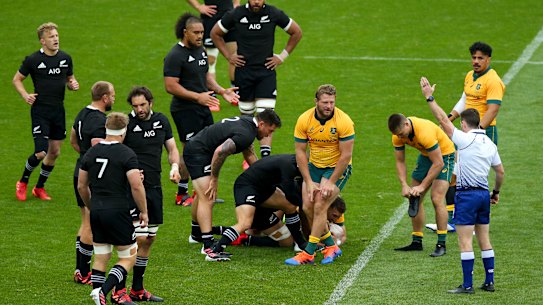 Referee Paul Williams awards a penalty in Wellington.