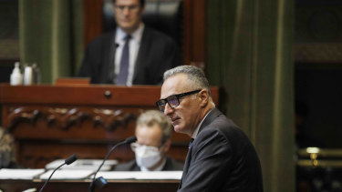 NSW MP John Sidoti addresses the Legislative Assembly on Tuesday before being suspended from parliament.