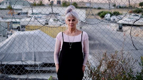 Lorenna Grant outside the North Coogee storage facility where the Northbridge Arch is being kept.