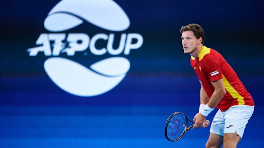 Spain’s Pablo Carreno Busta waits to return serve in his singles rubber of the ATP Cup final.