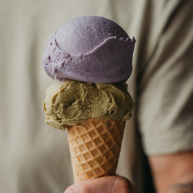 Scoops of taro and hojicha (roasted green tea) ice-cream at Duo Duo.