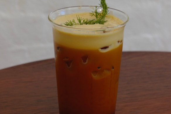 Iced chamomile long black with vanilla and kabosu (Japanese native citrus).