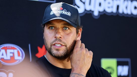 Lance Franklin at a rare media appearance on Tuesday.