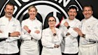 (L-R) Chefs Andreas Caminada, Clare Smyth, Anne-Sophie Pic, Eneko Atxa, and Yannick Alléno attend Hublot Big Bang Night at Geneva Arena on April 02, 2025 in Geneva, Switzerland.