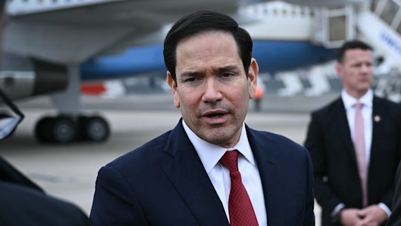 US Secretary of State Marco Rubio speaks to reporters after a G7 meeting of foreign ministers.