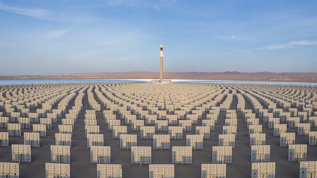 A molten salt tower solar thermal power station in Jiuquan, China. Molten salt is used as thermal storage to continue producing electricity even when the sun is not shining.