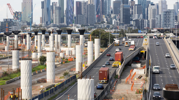 Pylons for the elevated freeway over Footscray Road, as part of the West Gate Tunnel project.