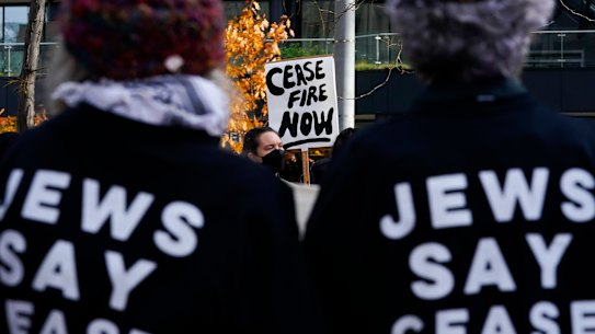 Protesters during a Jewish Voice for Peace rally that shut down the Henry M. Jackson federal building in Seattle on Friday.