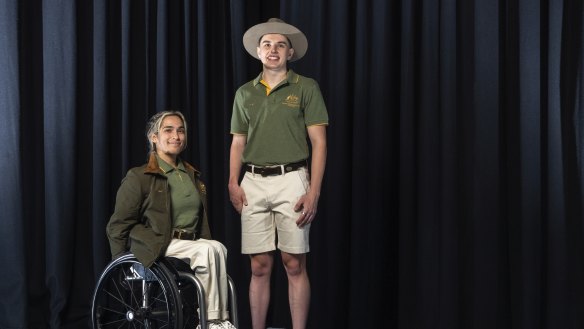 Athletes Gordon Allen (cycling) and Madison de Rozario (wheelchair racer) unveil the official uniforms by RM Williams for the Australian team at the Paralympic Games in Paris.