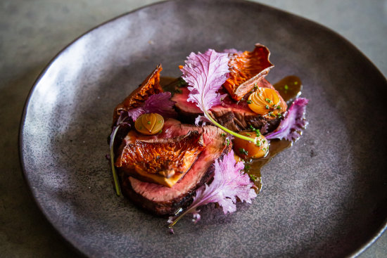 Grass fed beef fillet with local mushrooms, swede purée and cippolini onion jus at Bangalay Dining.