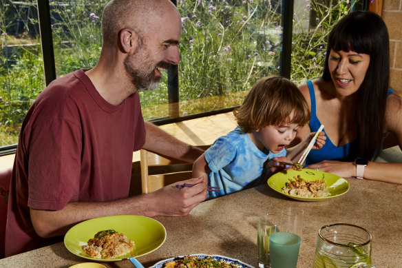 Lara Lee shares katsudon with husband Nick Wood and son Jonah.