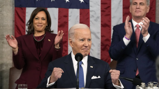 President Joe Biden delivers the State of the Union address in Washington as Vice President Kamala Harris and House Speaker Kevin McCarthy applaud.
