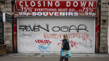 A shuttered shop on Oxford Street in London.