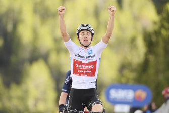 Australian Jai Hindley celebrates victory after a brutal stage 18 in the Giro d'Italia.
