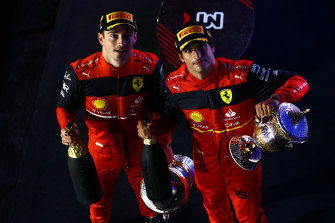 A new era: Charles Leclerc and Carlos Sainz Jr after their one-two finish at the Bahrain Grand Prix. 