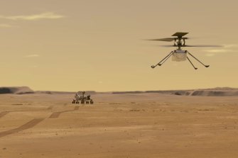 An illustration depicts Mars Helicopter Ingenuity during a test flight on Mars.