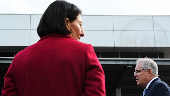 NSW Premier Gladys Berejiklian and Prime Minister Scott Morrison before Monday's press conference in Sydney, during which he praised NSW's pandemic efforts. 
