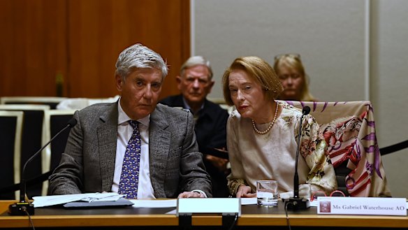 Robbie Waterhouse (left) with wife and hall of fame trainer Gai Waterhouse at last year’s Rosehill inquiry.