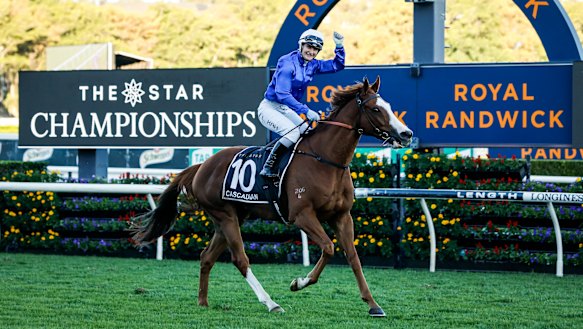 Jamie Kah returns to scale on Cascadian after the Doncaster Mile.