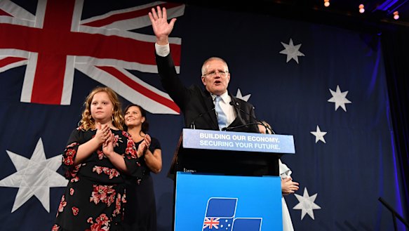 Scott Morrison celebrates his win on election night, a result the polls did not predict.