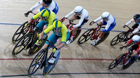 Australia's Amy Cure on her way to Commonwealth Games gold in the women's 10km  scratch race at the Anna Meares Velodrome on Sunday night.
