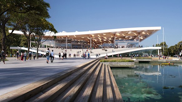 An artist's impression of the eastern entrance of the new Sydney Fish Market to be built on Bridge Road, Blackwattle Bay.