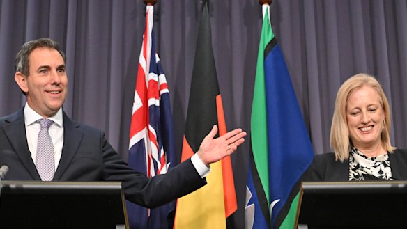 Treasurer Jim Chalmers and Minister for Finance Katy Gallagher delivering the final budget outcome on Monday.