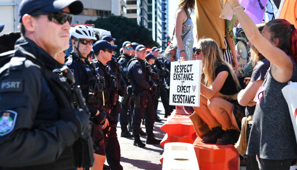 Police and protesters faced-off in the Brisbane CBD on Tuesday.