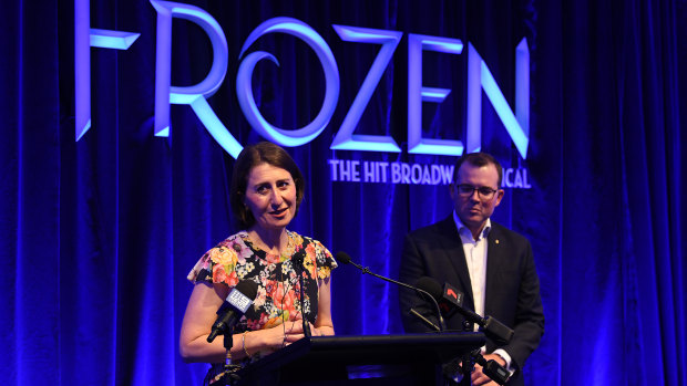 NSW Premier Gladys Berejiklian and NSW Minister for Tourism and Major Events Adam Marshall speak to the media at the Capitol Theatre in Sydney.