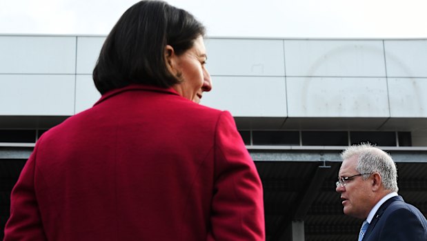 NSW Premier Gladys Berejiklian and Prime Minister Scott Morrison before Monday's press conference in Sydney, during which he praised NSW's pandemic efforts. 