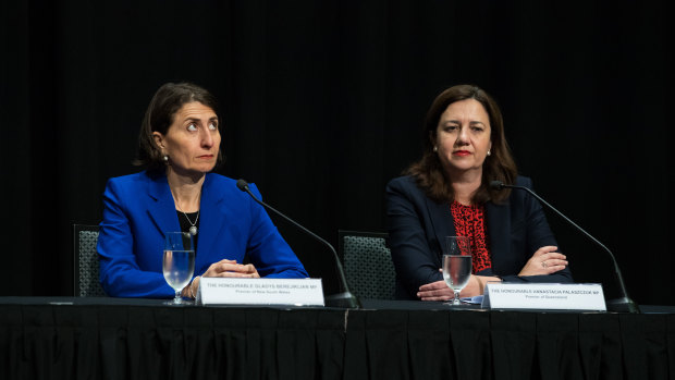 NSW Premier Gladys Berejiklian, left, and Queensland Premier Annastacia Palaszczuk at COAG last August.