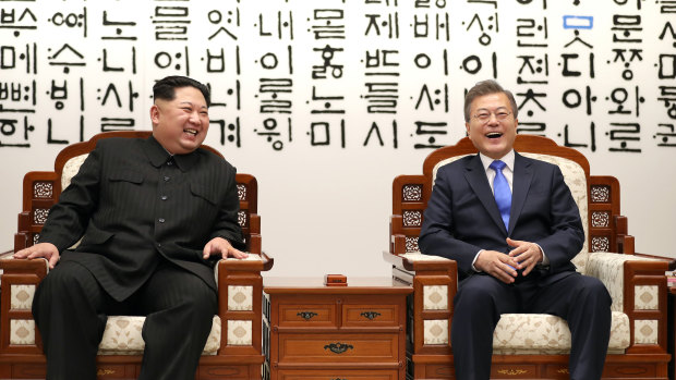 South Korean President Moon Jae-in, right, and North Korean leader Kim Jong-un at the Inter-Korean summit in Panmunjom in April.