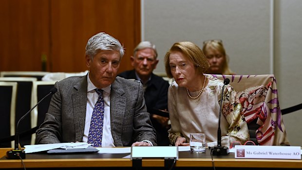 Robbie Waterhouse (left) with wife and hall of fame trainer Gai Waterhouse at last year’s Rosehill inquiry.