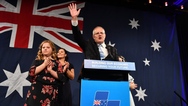 Scott Morrison celebrates his win on election night, a result the polls did not predict.
