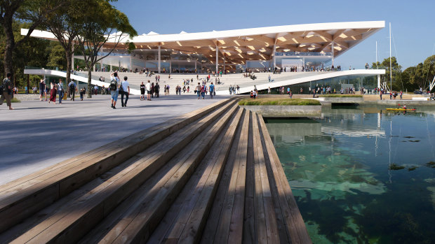 An artist's impression of the eastern entrance of the new Sydney Fish Market to be built on Bridge Road, Blackwattle Bay.