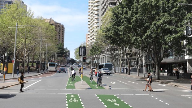 A render of the now ditched plans for a cycleway down the middle of Liverpool Street.